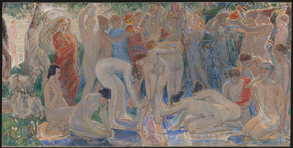 Dame Ethel Walker The Excursion of Nausicaa huile sur toile 1920 : tableau de nus figurant Nausicaa, princesse phéacienne de l'Odyssée d'Homère, entourée des femmes de sa suite, prenant un bain au bord d'une rivière. Tableau exposé lors de l'exposition Femmes artistes à la Tate Britain